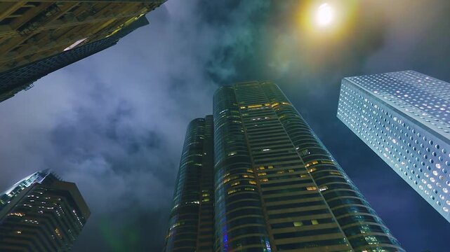 Low angle real time shot of night skyscrapers and clouds in Central, Hong Kong