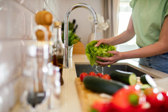 Person washing lettuce under running water in home kitchen