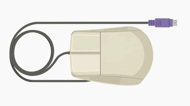 Vintage beige computer mouse with a coiled black cable and a purple PS2 connector on a white background Vector