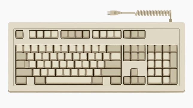 Vintage beige computer keyboard with coiled cable and PS2 connector isolated on white background Vector