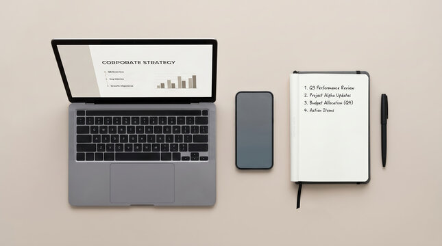 Minimalist corporate flat lay showcasing modern office tools and equipment for enhanced productivity from a top view perspective