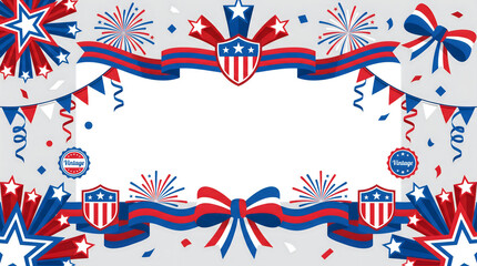 Fototapeta premium Patriotic border design with red, white, and blue ribbons, stars, fireworks, and vintage elements for 4th of july or independence day celebrations isolated on white background