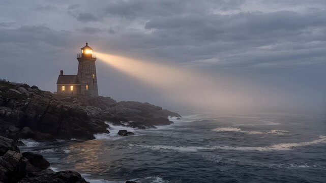 Cinematic locked-off view of a stone lighthouse on a rocky cliff shining a golden beam through heavy mist as powerful ocean waves crash below