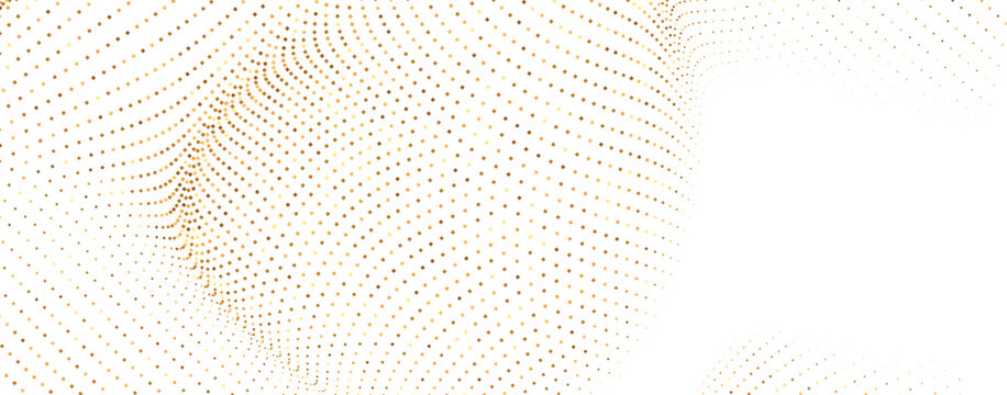 Abstract golden halftone dot wave background, luxury geometric corner pattern with flowing digital particles, modern technology vector illustration