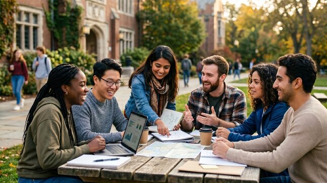 multicultural university students outdoor teamwork friendship campus
