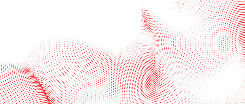 Abstract red halftone dot wave background, geometric flowing particle pattern with dynamic futuristic digital technology vector illustration