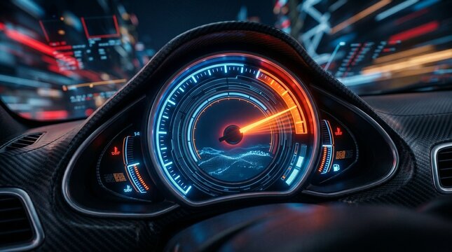 maximum performance fast speed glowing neon speedometer dashboard concept
