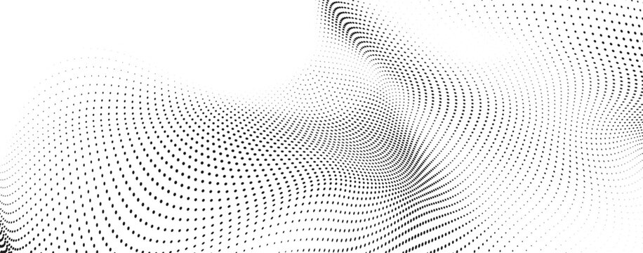 Abstract black organic halftone dot wave background, flowing geometric particle mesh pattern with futuristic digital technology vector illustration