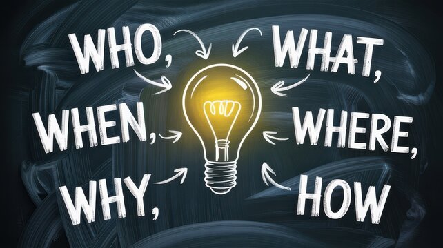 Lightbulb idea concept drawn on a dark chalkboard with white text labels explaining the fundamental questions of business strategy planning