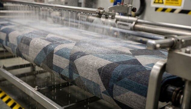 Medium shot of transit seating upholstery undergoing flameretardant impregnation process to comply with public transport safety regulations.