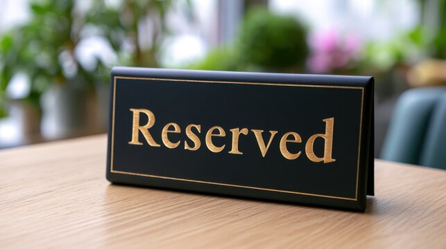 Elegant black reserved sign with gold lettering on a wooden table in a restaurant