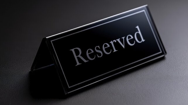 Elegant black acrylic reserved table sign with silver lettering on a dark textured surface
