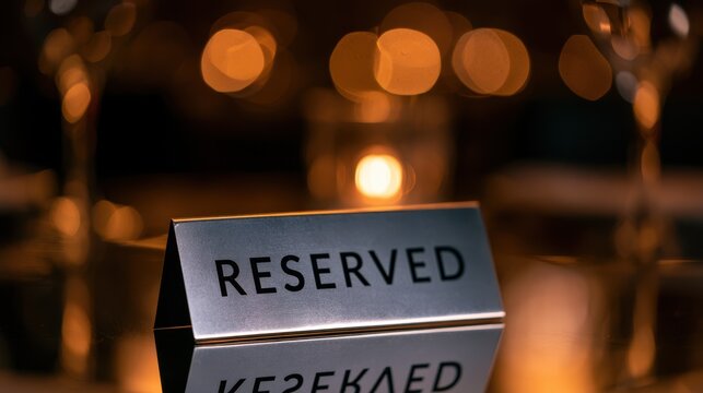 Elegant reserved sign on a table with soft bokeh lights in the background