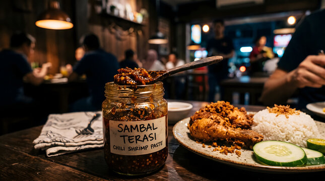 Close up of a spoon dipping into a jar of spicy sambal terasi chili shrimp paste served with traditional Indonesian fried chicken and rice in a cozy restaurant