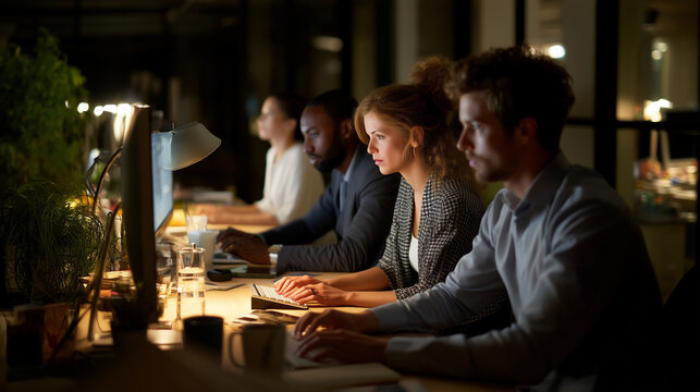 Corporate team working late hours in a dimly lit office, focused on screens, teamwork after hours
