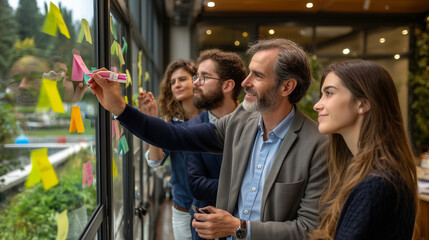 Fototapeta premium A creative team using sticky notes for idea generation in a modern collaborative office environment. 