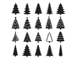 Obraz premium Christmas tree vector icon set, 20 festive evergreen tree silhouettes, holiday season graphic elements, winter celebration design assets