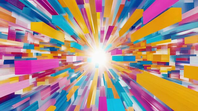 Vibrant explosion of multicolored three dimensional geometric blocks flying toward central light source creating sense of rapid movement and infinite creative energy