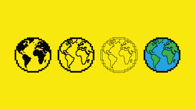 Four different pixelated earth globe icons on yellow background