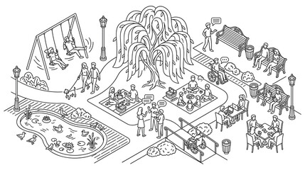 Fototapeta premium Inclusive public park with diverse social interactions.