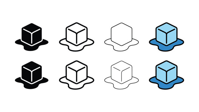 Ice cubes melting in different colors and styles on white background