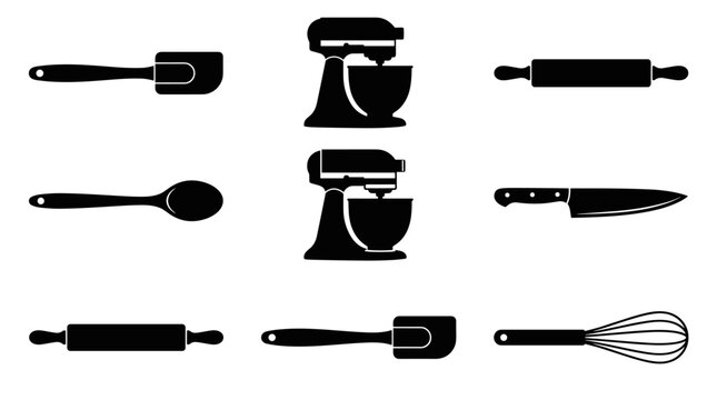 Collection of black silhouette kitchen utensils including stand mixers, spatulas, rolling pins, a spoon, a chef's knife, and a whisk