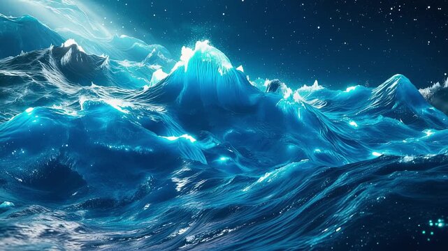 Abstract Glowing Blue Ocean Waves Rising Like Majestic Mountains Under Starry Cosmic Night Sky Filled with Ethereal Energy and Deep Sapphire Light