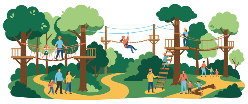 Family enjoying outdoor rope climbing activity in woods.