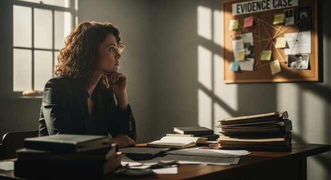 Woman investigator lost in thought at desk with evidence board, deep in case analysis with files and books