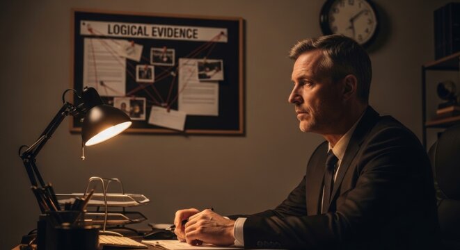 Detective analyzing evidence board in dimly lit office, deep in thought for investigation