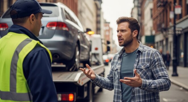 Frustrated car owner arguing with tow truck worker on city street with illegally parked car being towed