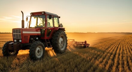 Fototapeta premium Rustic red tractor plowing a golden wheat field at sunrise, backlighting dust and creating sunbeams, perfect for agricultural themes.