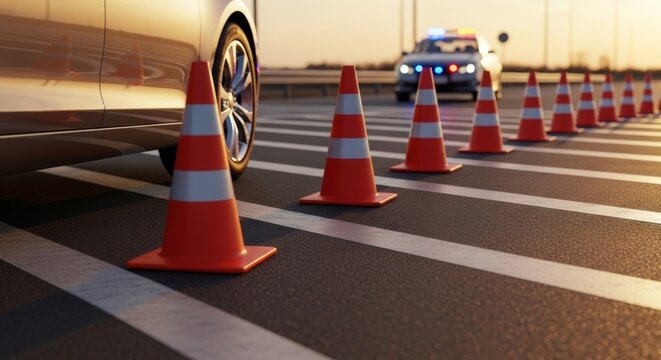 Police directing traffic with orange cones around a car during golden hour sunset on a highway