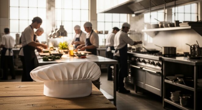Chef's hat on rustic table in busy industrial kitchen, chefs working in background, lively catering atmosphere