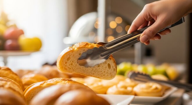 Hand using tongs to select fresh bread slice from buffet display with warm natural light and copy space
