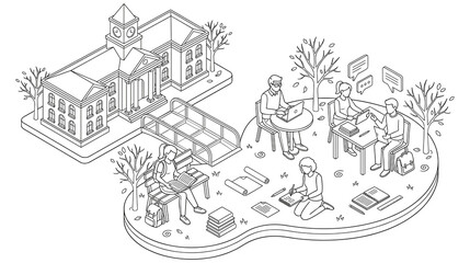 Naklejka premium Isometric university students studying on campus lawn.