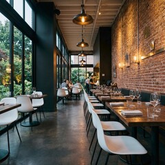Fototapeta premium Modern restaurant interior with wooden tables and brick walls featuring guests dining in elegant seating