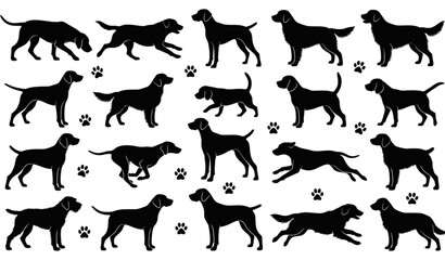 Obraz premium Black Hunting and Sporting Dog Silhouette Set with Paw Prints Isolated on White Background Vector Collection