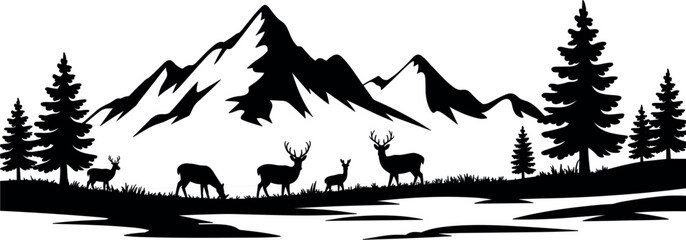 Naklejka premium Mountain Wildlife Landscape Silhouette Vector Illustration, Deer Forest Alpine Peaks Isolated on White Background Design