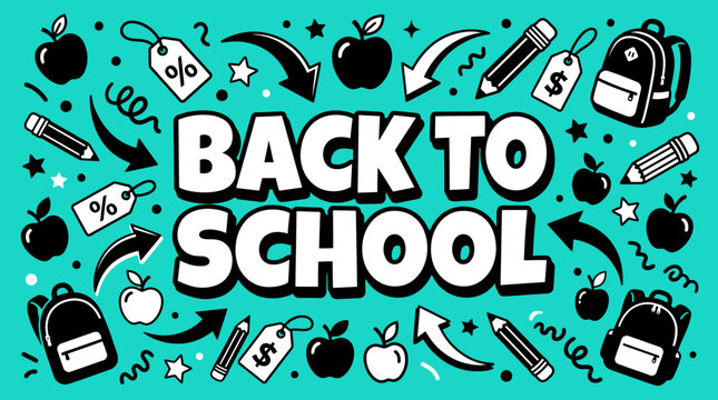 A colorful illustration of school supplies and icons surrounding the words Back to School