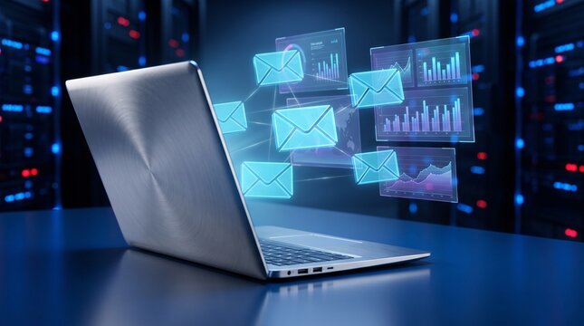 Digital email marketing concept with laptop and glowing message icons. Data analytics and business communication software in server room. Cyber security and cloud computing.