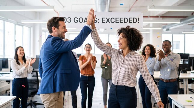 Two colleagues high-fiving in an office setting, celebrating exceeding goals with their team applauding.