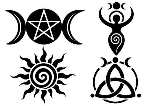 Set of pagan and wiccan spiritual symbols including triple moon goddess, pentagram, spiral mother goddess, sun, and triquetra trinity knot.