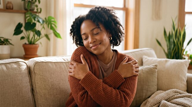 A serene young Black woman with curly hair sits on a sofa, eyes closed, hugging herself in a moment of self-love and peaceful contentment at home.