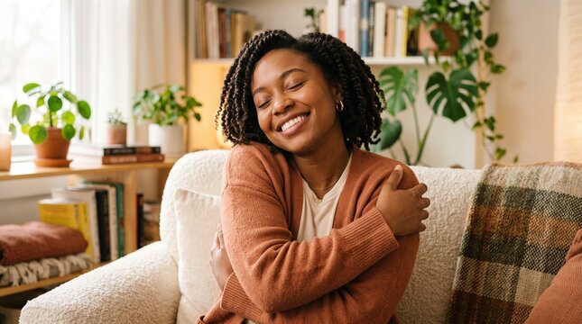A happy young Black woman with closed eyes hugging herself on a cozy sofa, practicing self-love and contentment at home.