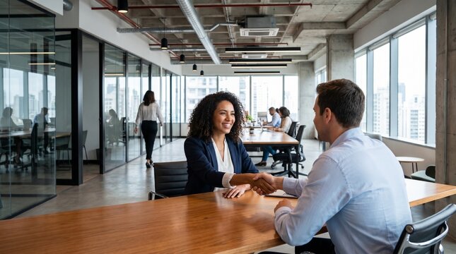 A smiling businesswoman and a male colleague shaking hands across a wooden table in a bright, modern open-plan office environment with large windows and other employees in the background.