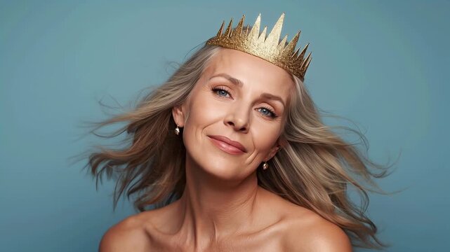 beautiful positive aging woman with a golden crown on her head