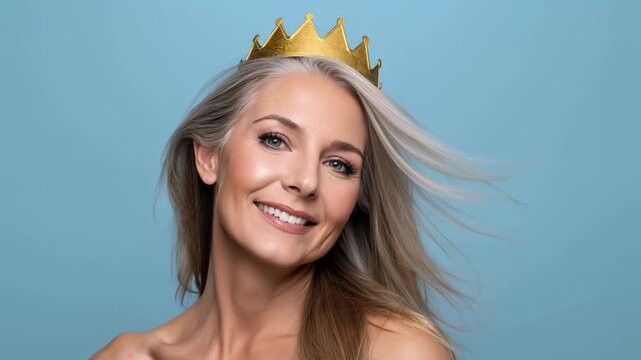 beautiful positive aging woman with a golden crown on her head