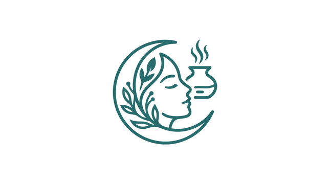 Woman Face Profile with Herbal Leaves.