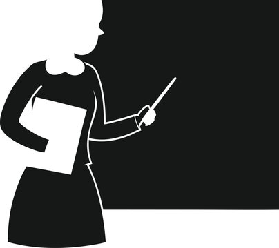 Professional female teacher standing in front of a blackboard holding a book and pointing with a stick in classroom setting